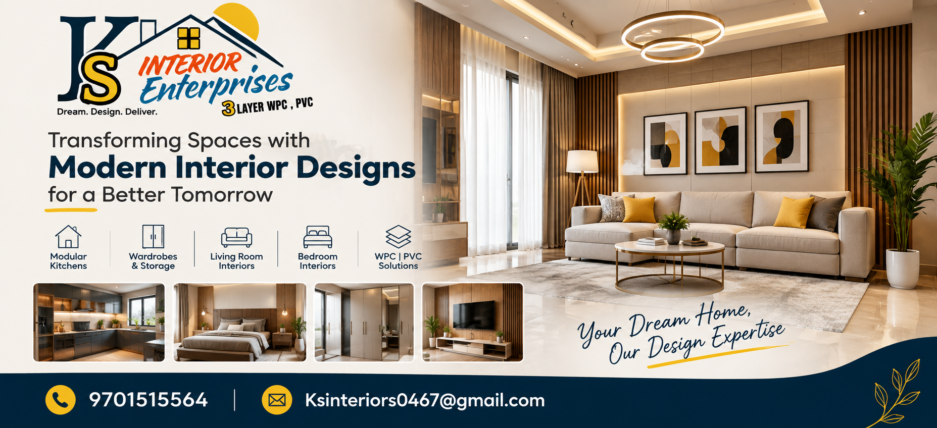 KS Interior Enterprises modern interior design banner featuring stylish living room, modular kitchen, wardrobes, bedroom interiors, WPC and PVC solutions.
