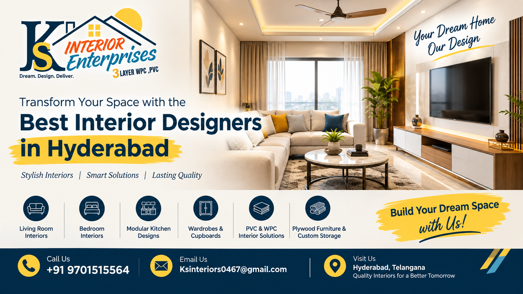 “KS Interior Enterprises blog banner promoting the best interior designers in Hyderabad, featuring a modern living room, stylish interior solutions, modular kitchens, wardrobes, PVC and WPC interiors, and contact details.”