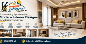 KS Interior Enterprises modern interior design banner featuring stylish living room, modular kitchen, wardrobes, bedroom interiors, WPC and PVC solutions.