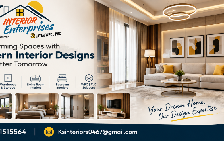 KS Interior Enterprises modern interior design banner featuring stylish living room, modular kitchen, wardrobes, bedroom interiors, WPC and PVC solutions.