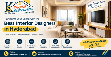 “KS Interior Enterprises blog banner promoting the best interior designers in Hyderabad, featuring a modern living room, stylish interior solutions, modular kitchens, wardrobes, PVC and WPC interiors, and contact details.”