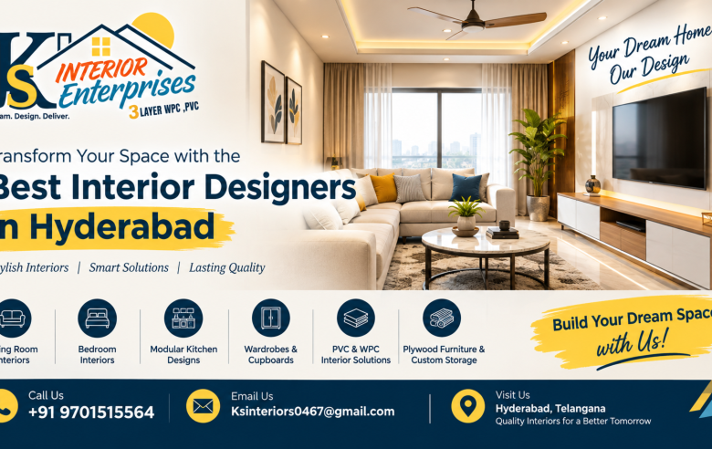 “KS Interior Enterprises blog banner promoting the best interior designers in Hyderabad, featuring a modern living room, stylish interior solutions, modular kitchens, wardrobes, PVC and WPC interiors, and contact details.”